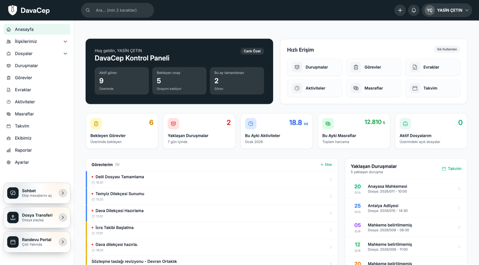 DavaCep hukuk bürosu yönetim yazılımı dashboard ekranı - dosya takibi, duruşma takvimi ve görev yönetimi
